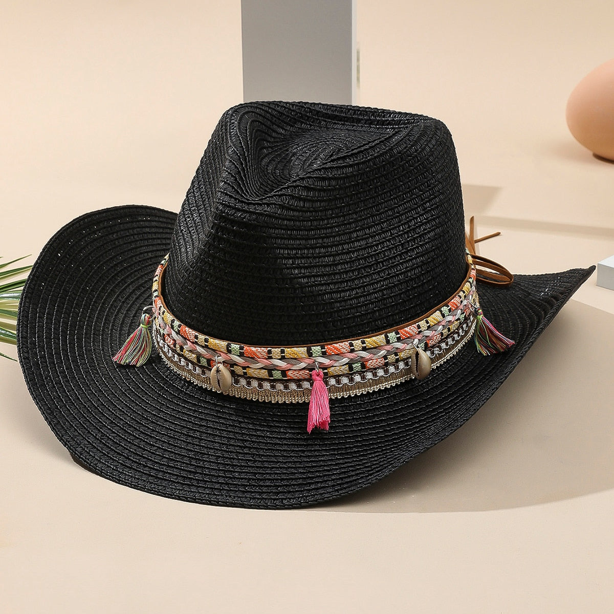 Wholesale Women Pink Tassel Cowboy Hat Floppy Beach Hats Summer Straw Hats Ladies UV Protection Hat Panama Sun Hat black