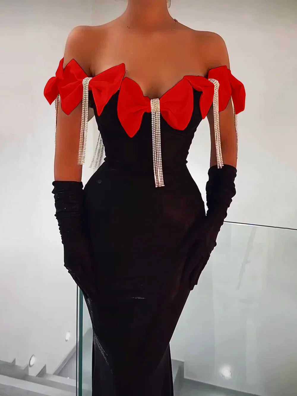 Women Celebrity Sexy Off Shoulder Flower Diamonds Black Bow Tie Maxi Long XL Bandage Dress Elegant Evening Club Party Dress Red