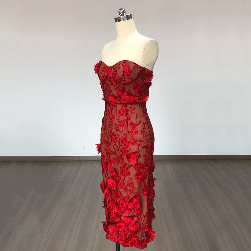 New Red Color Women Strapless Embroidery Flowers Bodycon Midi Bandage Dress Fashion Celebrate Birthday Evening Party Dress