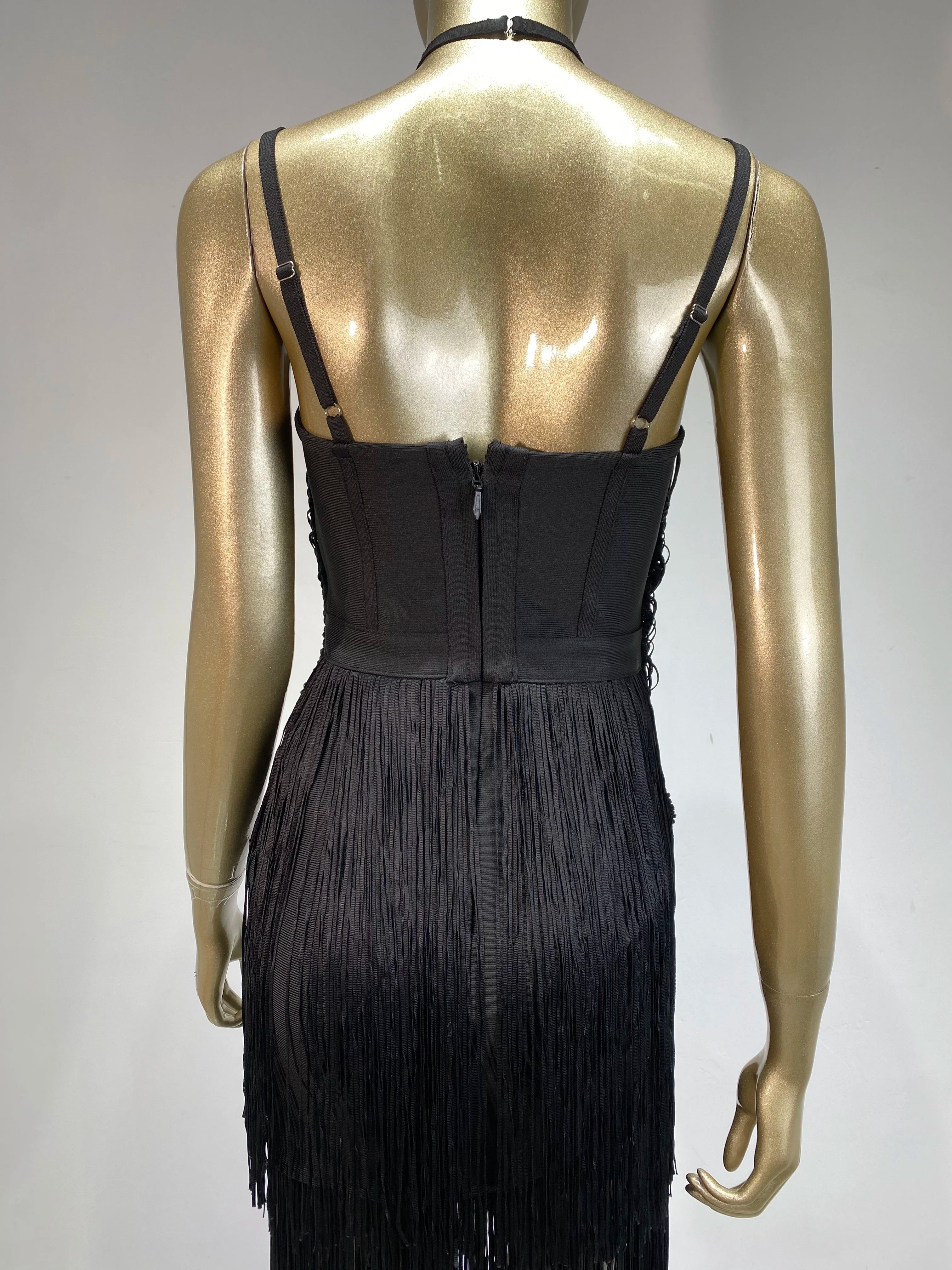 Women Celebrity Sexy Backless Tassel Green Black Ankle Length Bodycon Bandage Dress 2025 Elegant Evening Club Party Outfit