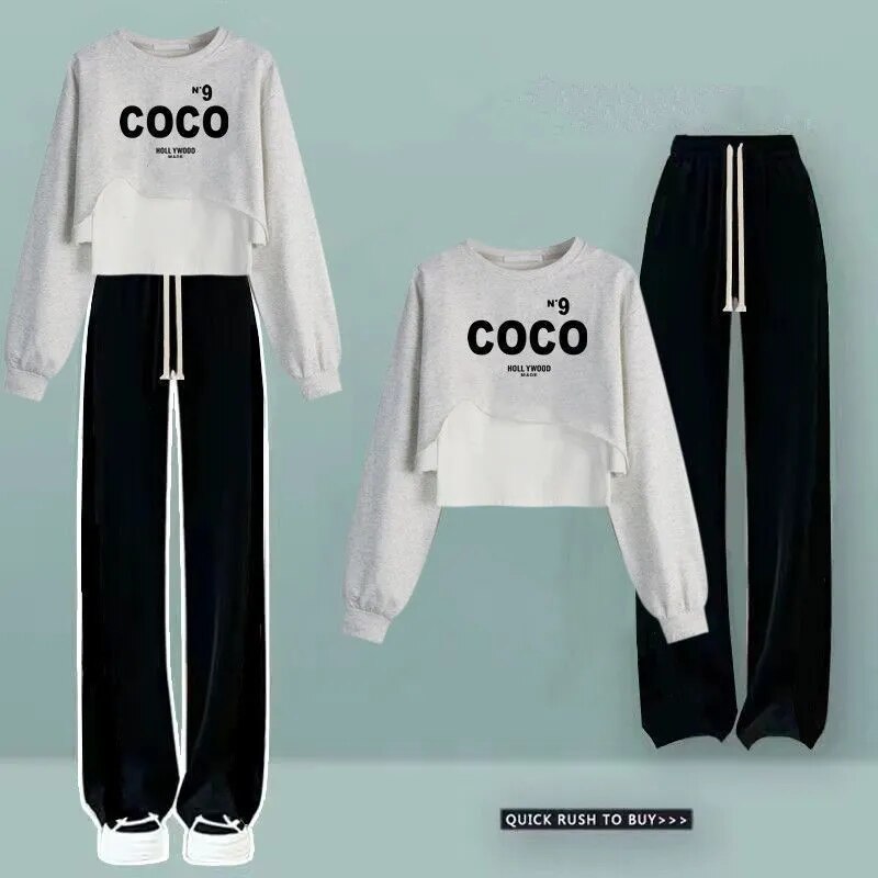 Women Spring Autumn Sweatshirt Wide Leg Pants Vest 3 Piece Set 2024 Lady Casual Letter T Shirts Trousers Outfits Green Top Suit