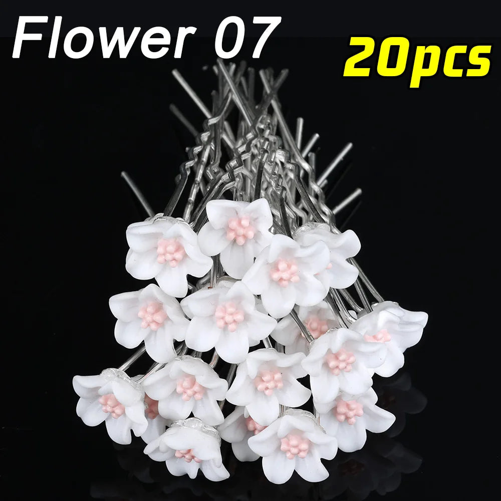 20pcs Pearl Crystal Hairpin Elegant Wedding Bridal U-shaped Metal Hair Comb Forks for Women Hairstyle Clips Jewelry Accessories Flower 07