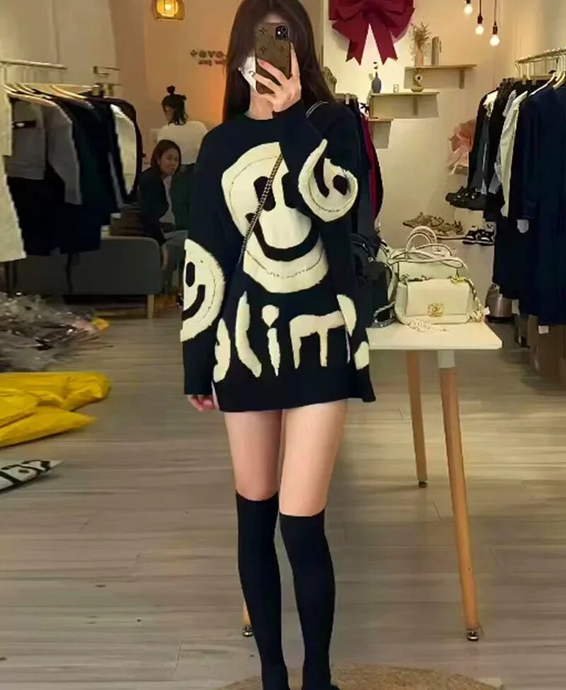 Y2k O-Neck Crochet Kintted Sweater Women Smile Loose Top E-girl Pullovers Spring Autumn Winter Jumper Sueter Streetwear