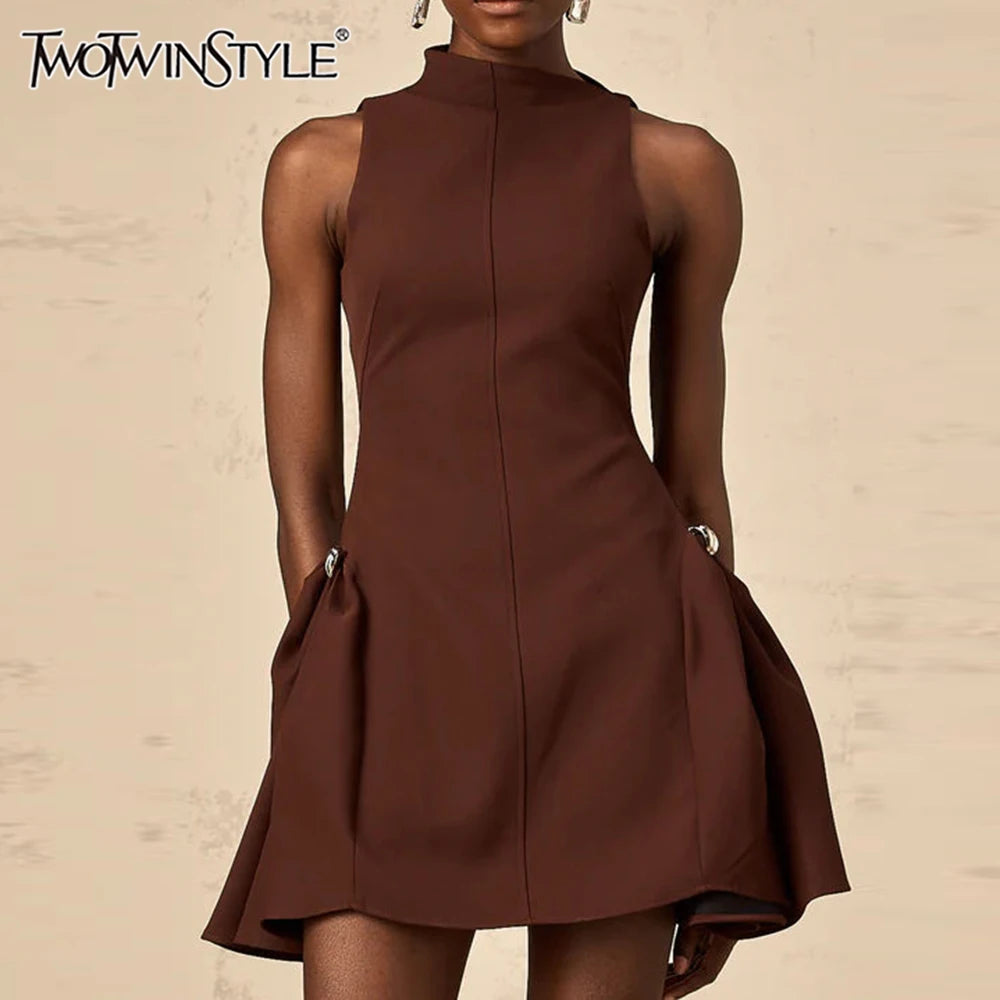 Solid Slimming Elegant Mini Dresses for Women Round Neck Sleeveless Patchwork Folds Tunic Dress Female Clothing New