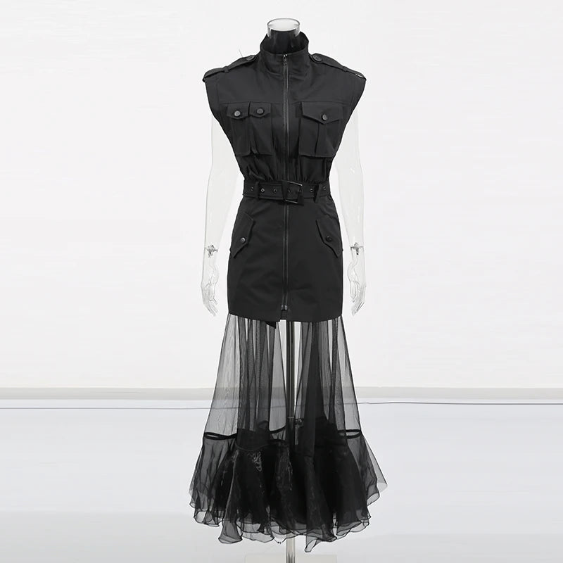 Solid Sheer Spliced Mesh Folds Dress for Women Round Neck Sleeveless Patchwork Zipper elegant Dress Female Fashion