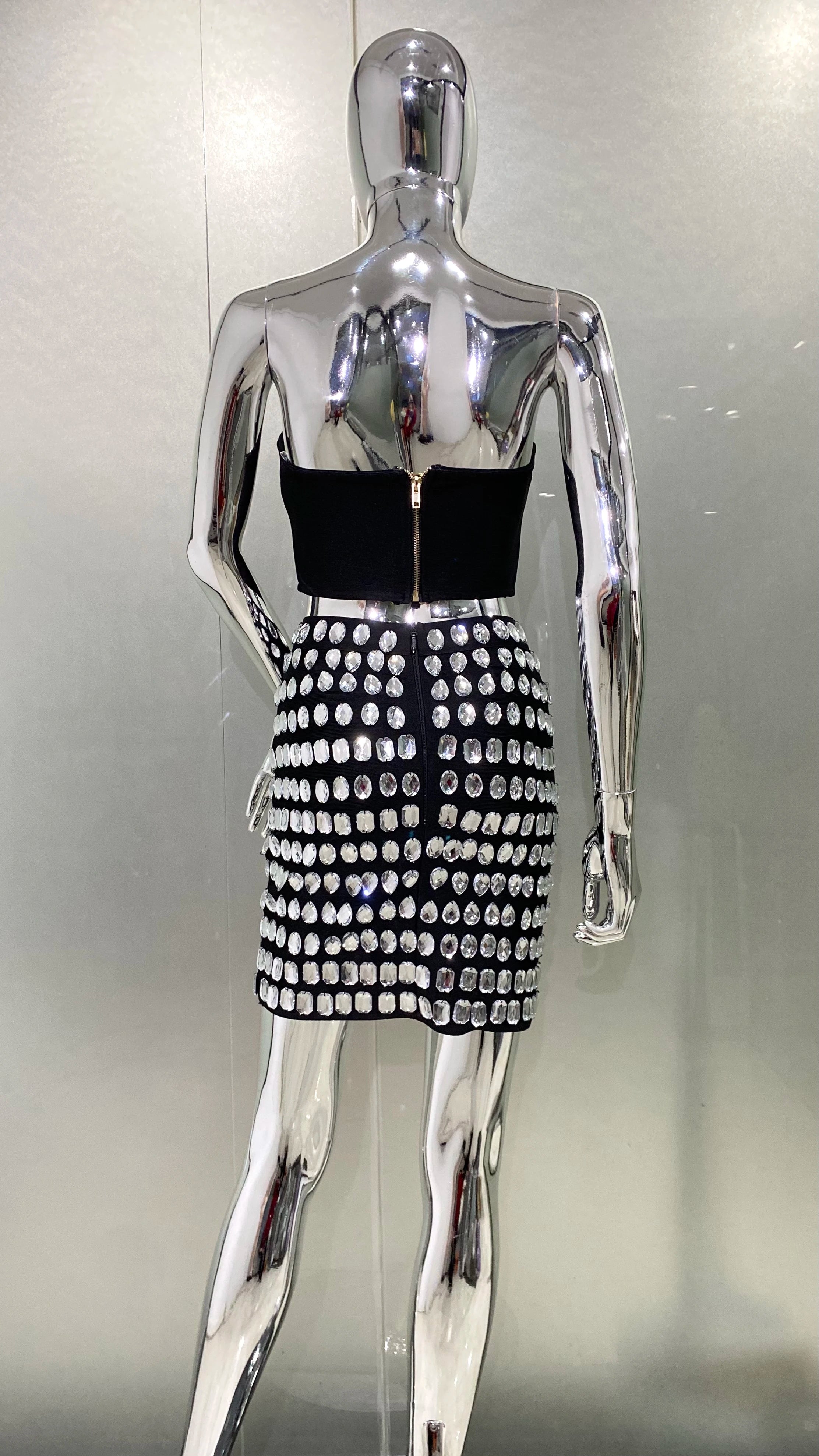 Sexy Deep V-Neck Strapless Top And Sparkling Diamonds Mini Skirt 2 Pieces Woman Set Birthday Party Vestido