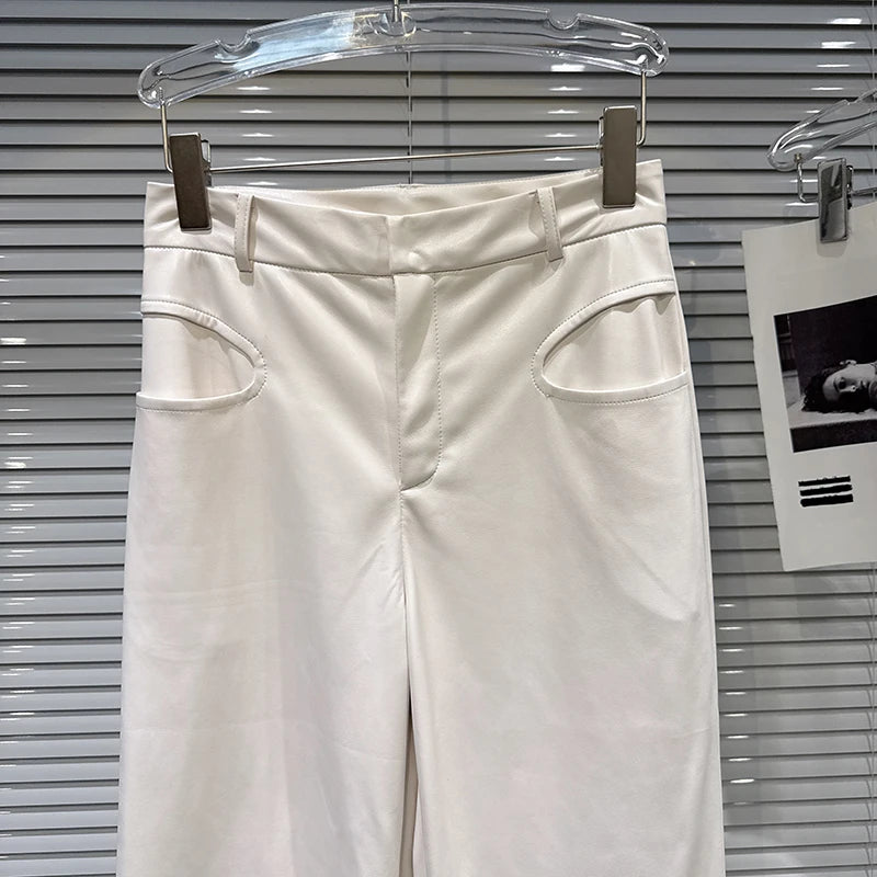 Winter New Fashion Three-Dimensional Solid Color PU Leather Casual Pants For Women High Waist Wide-Leg Pant 11A07679