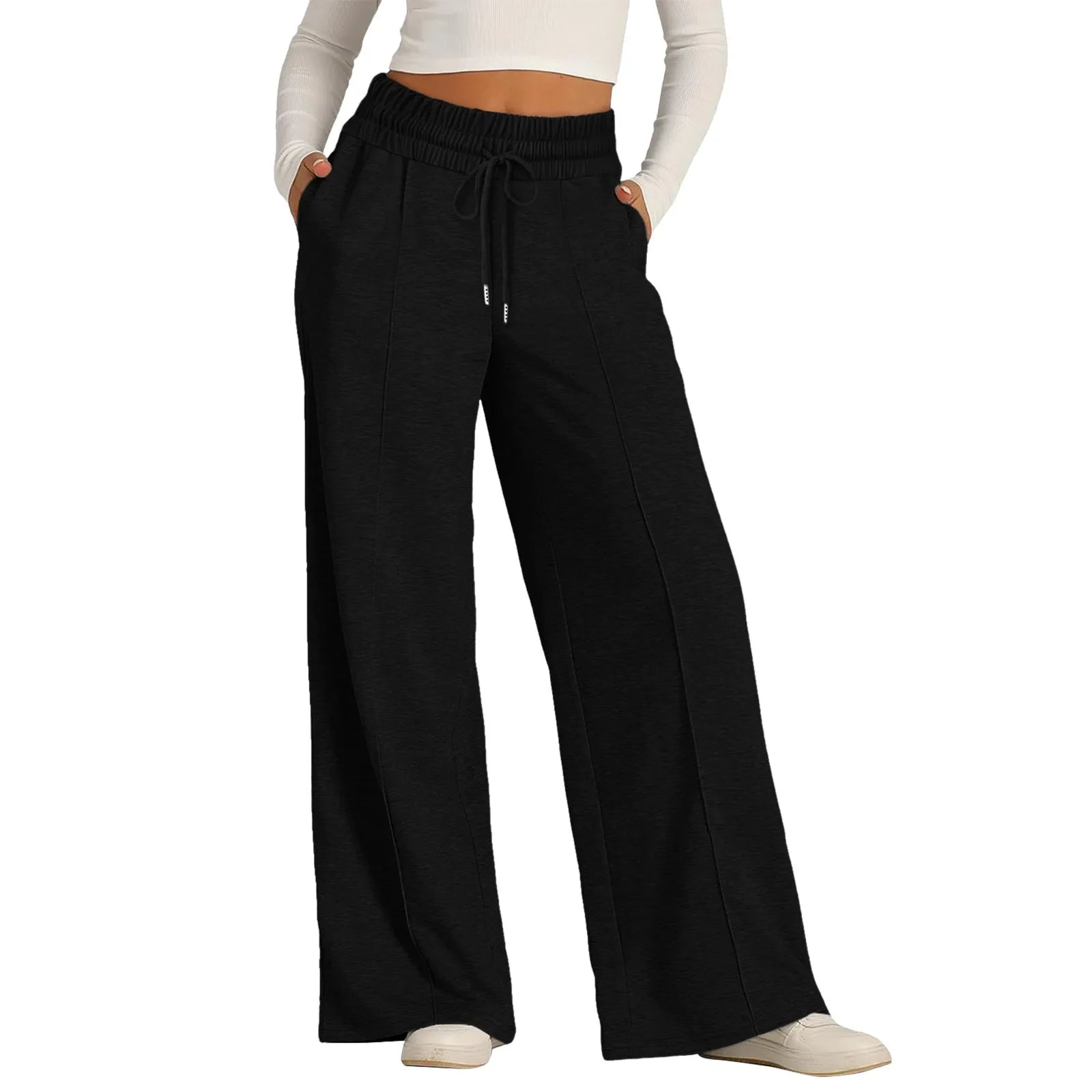 Women Oversized Wide Leg Pants Lightweight Sweatpants Elastic Drawstring Straight Leg Trousers High Waist Baggy Casual Pants Black