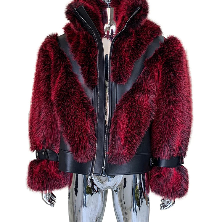 Lautaro Winter Cool Thick Warm Color Block Faux Fur Coat Men Stand Collar Luxury Zip Up Fluffy Jacket Runway European Fashion Red