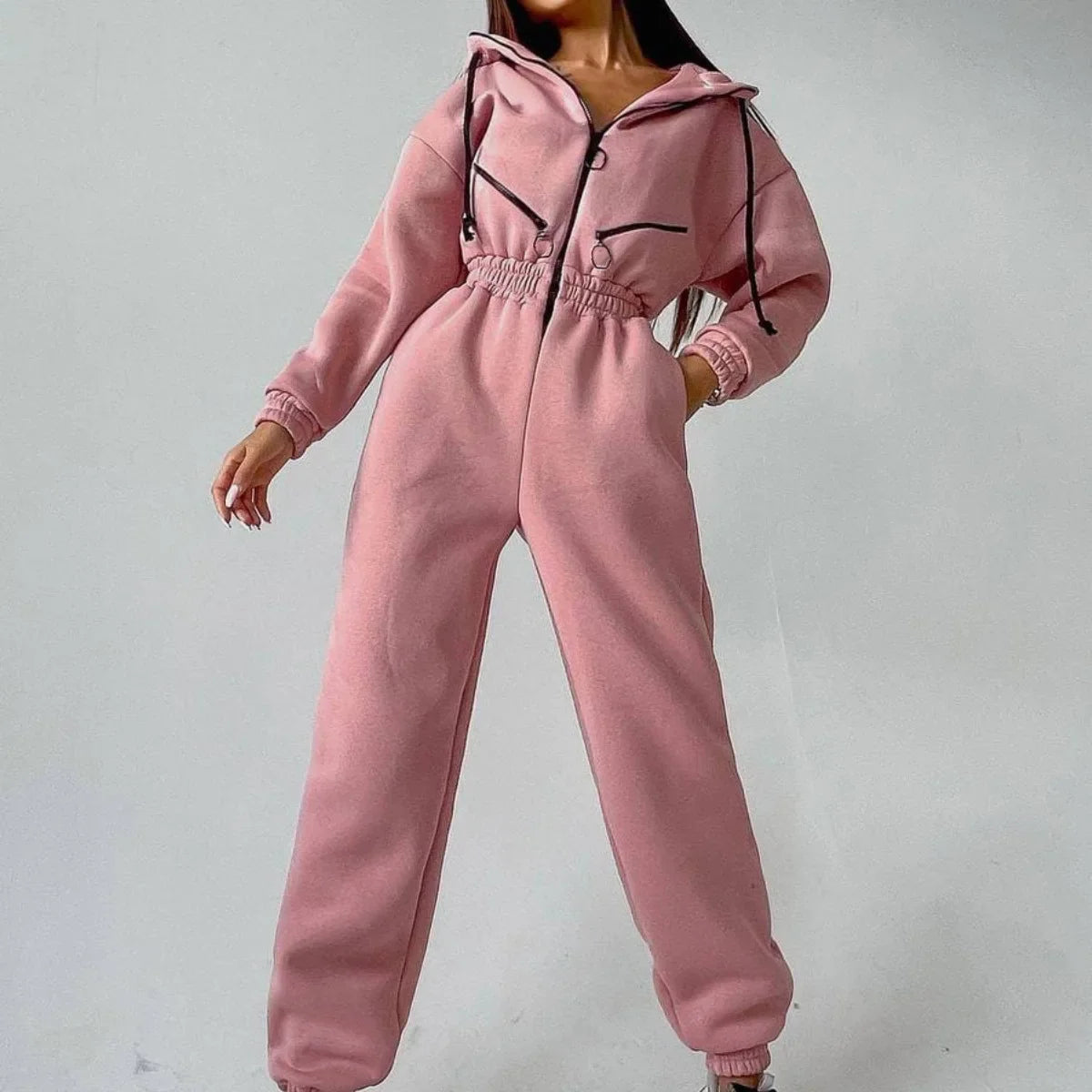 LKF New Sports and Casual Women's Jumpsuit Hooded Zipper Cardigan Solid Color Street Trendy Jumpsuit Wholesale pink