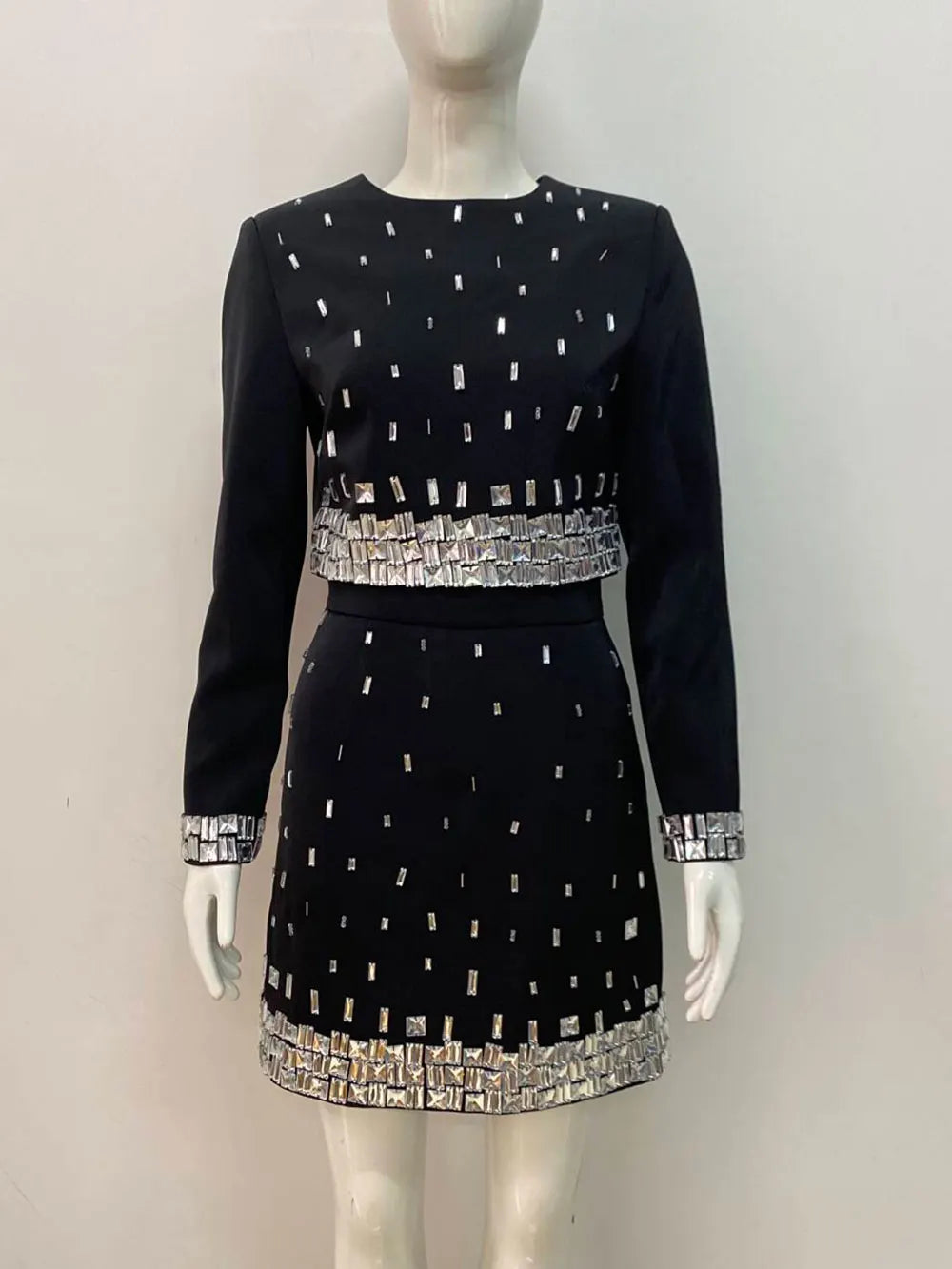 2025 Women's Wear Heavy Industry Beaded Design Mini Skirt Sets Standing Neck Long sleeved Short Top+Short Skirt Two piece Set black