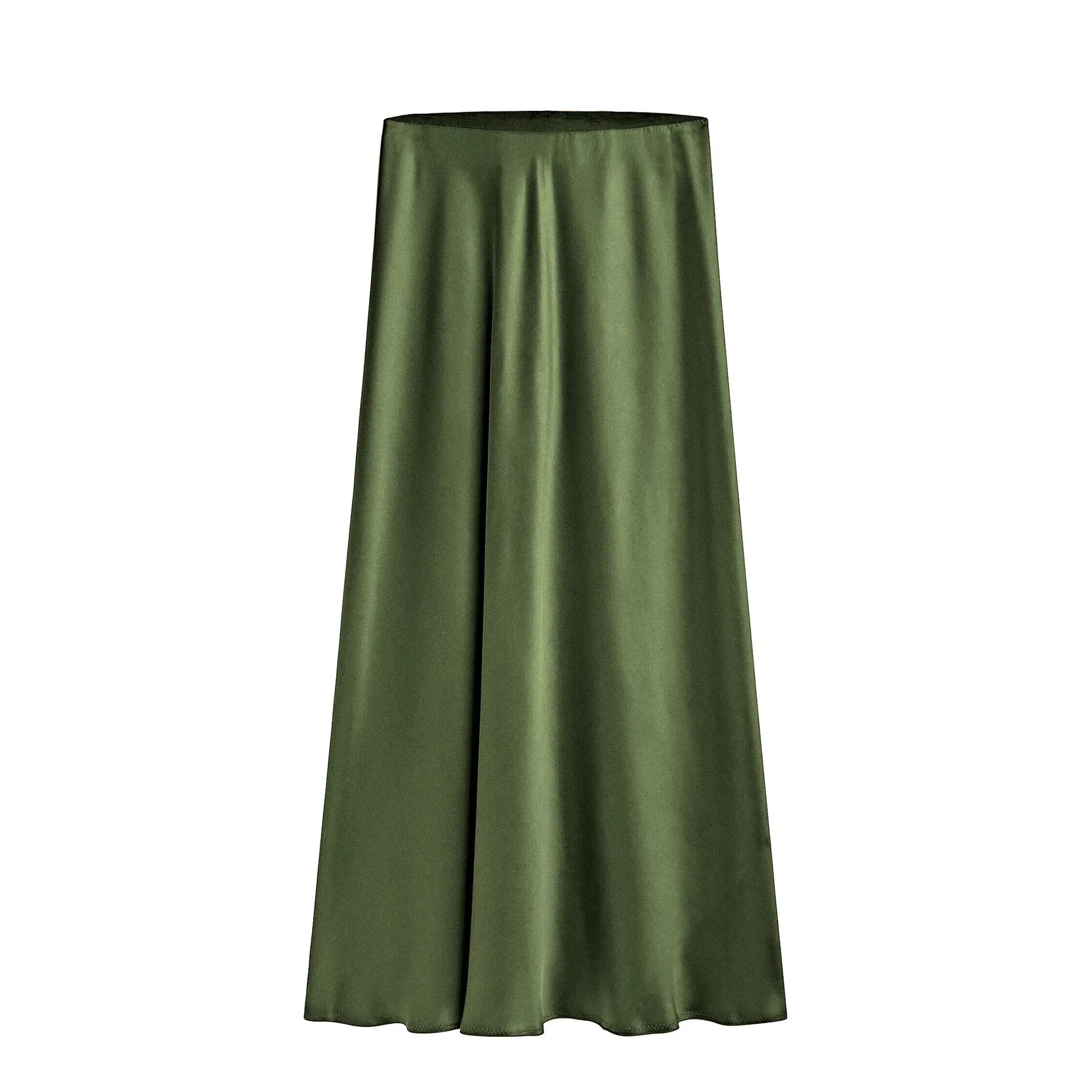 Silk Satin Skirts for Women Summer Casual Style A-line Solid Color Elastic High Waist Side Slit Champagne Skirt Army green