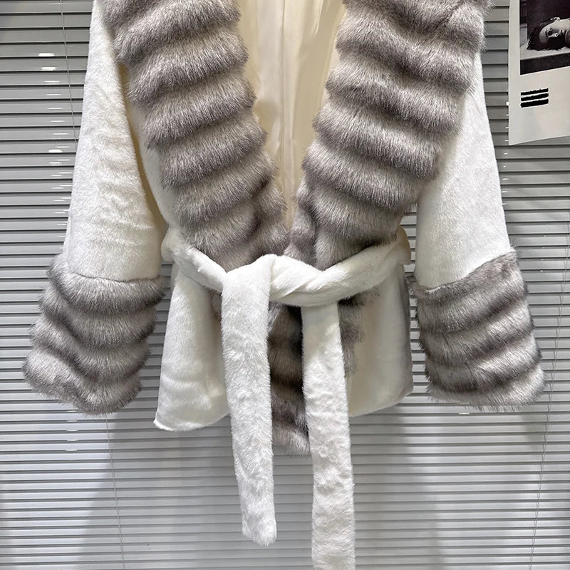 Winter New Fashion Big Fur Collar Plush Faux Fur Coat For Women Loose High-end Lace-up Waist Jacket Female 11A07741