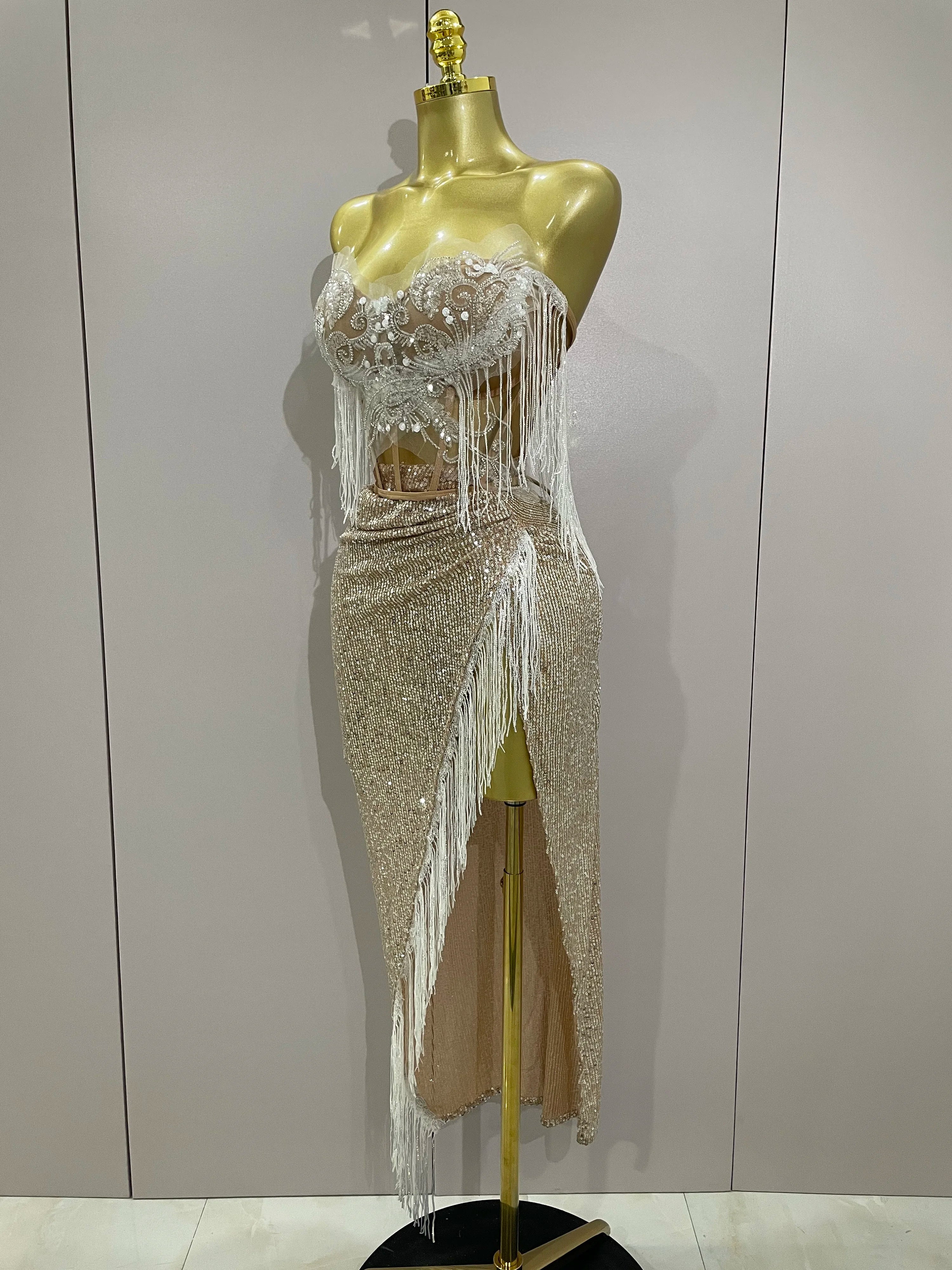 Sexy Luxury Sparkly Sequin Tassel Two Piece Set 2025 Women Evening Party Birthday Singer Performan Costume Nightclub Girl Outfit