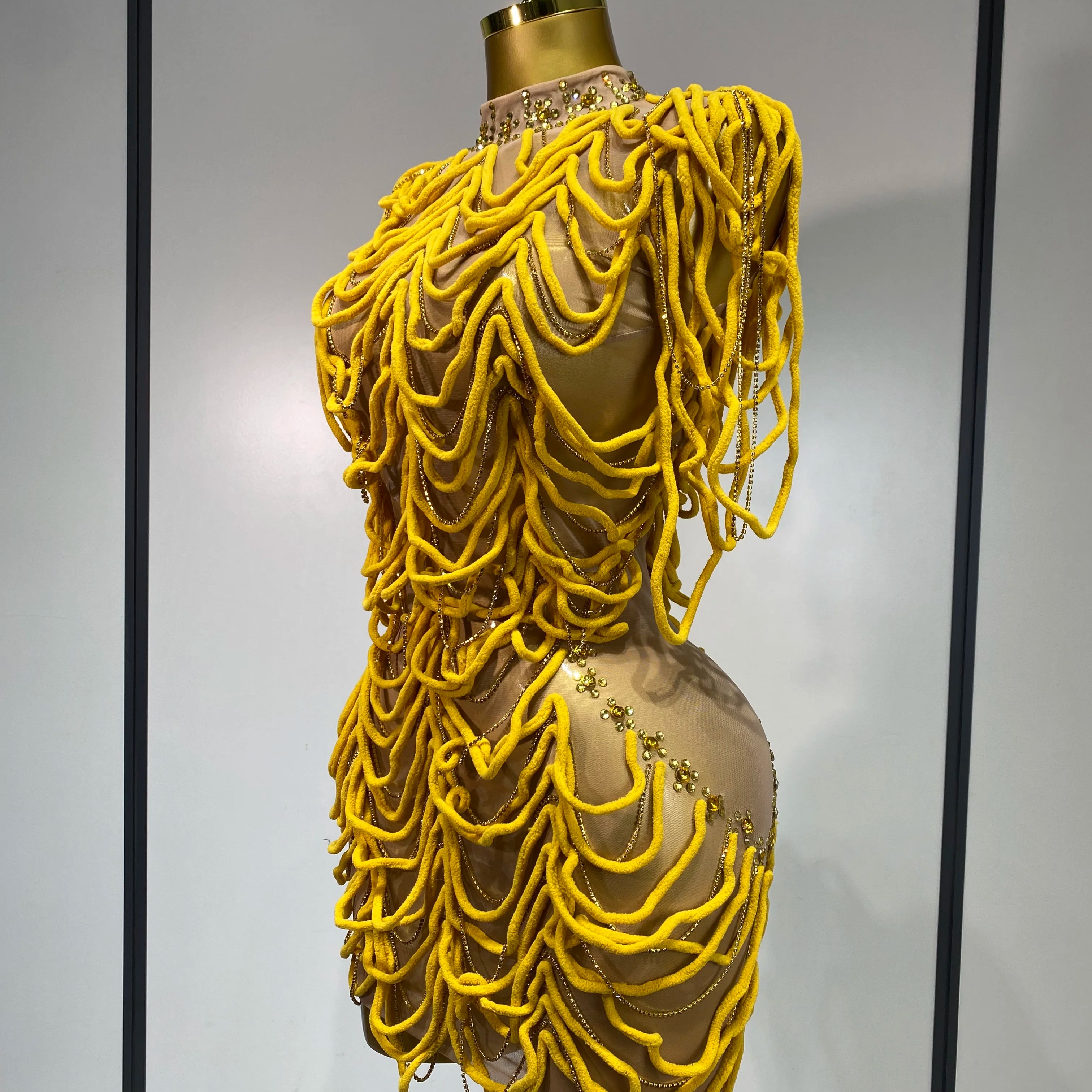 Women Sexy Mesh See Through Designer Rhinestones Chain Stage Performance Costume Nightclub Celebrate Party Luxury Birthday Dress