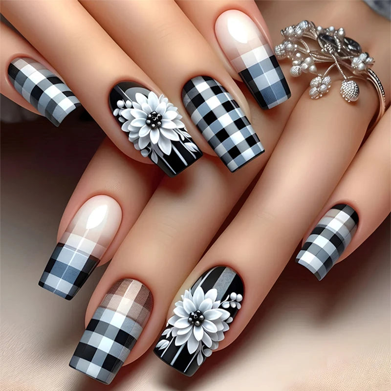 24pcs/set Meduim long fake nails for women peach flowers heart for Spring summer Square faux ongles press on false nail art tips