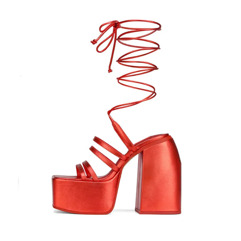 Women's Fashionable Heeled Sandals Summer Shoes Featuring Colorful Thick-soled Spiral High Heels Platform Multi Strappy Shoe New Red