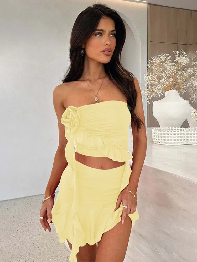 Sexy Women Dress Sets Rose Strapless Crop Tops And Mini Skirt Sets Female Elegant Ruffled Club Party Two Piece Sets Yellow