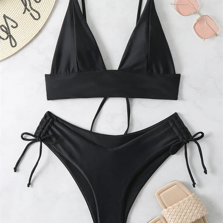 Bikini Women Swimsuit New Solid Black High Waist Bikinis Set Lace Up Bathing Suit Swimwear Summer Brazilian Beach Two Piece Black
