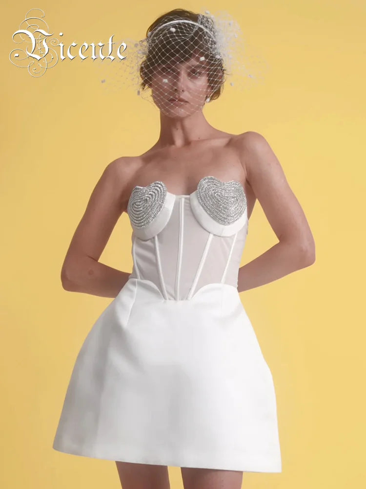 Elegant And Pretty Women'S Dresses For Wedding Sweet Heart Shape Crystal Design Strapless A-Line Mini Dress Summer 2023