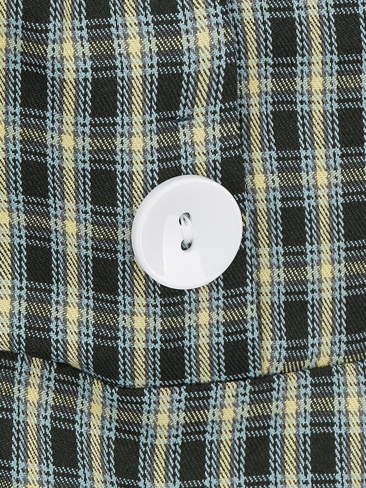 Tonval Gigot Sleeve Button Up Vintage Rockabilly Swing Dress Elegant Party Wear 2022 Women Fall Outfits Green Plaid Dresses