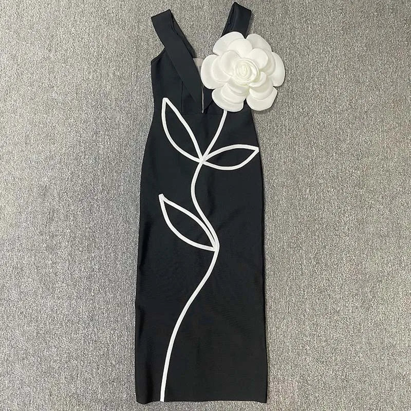 Black Red Color Women Sexy Strapless Big Flowers Bodycon Bandage Long Dress Celebrate Birthday Vacation Cocktail Dress Wholesale
