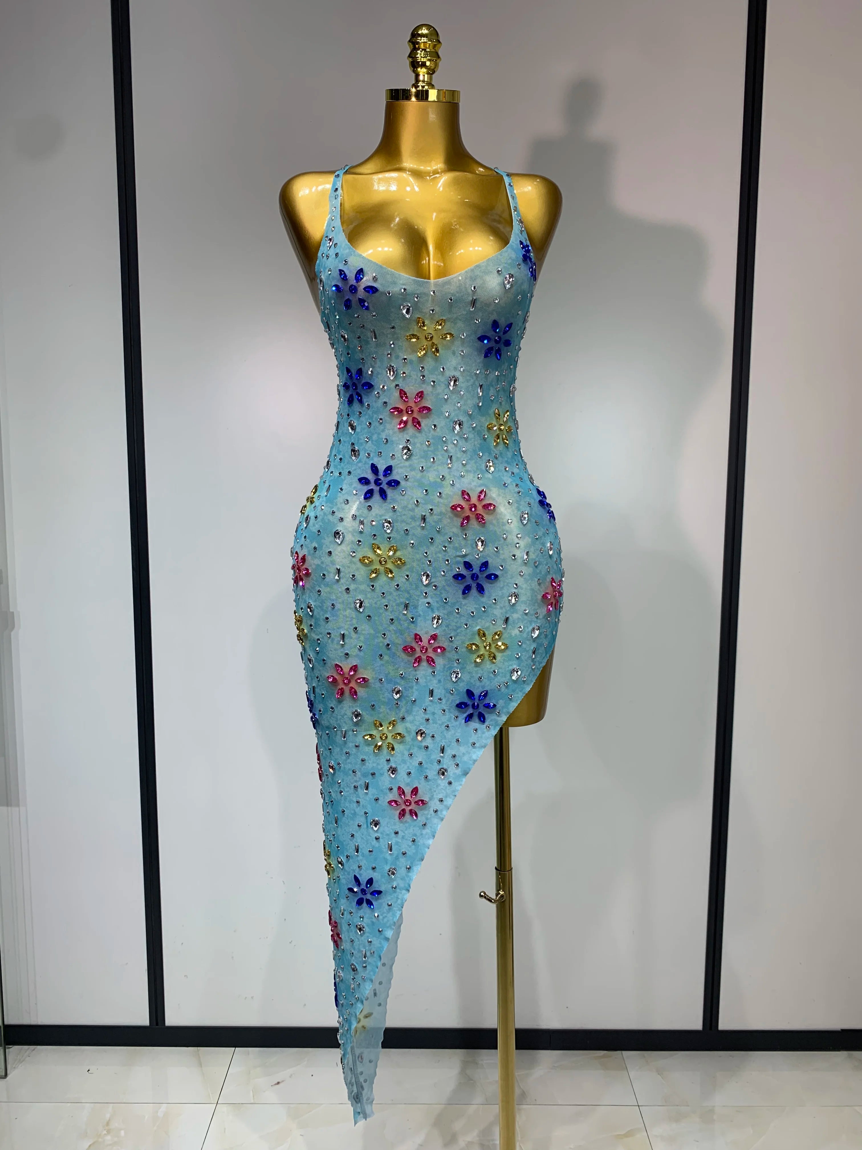 Women Sexy Mesh See Through Stretch Sparkly Rhinestone Performance Costume Stage Dancer Nightclub Party Luxury Birthday Dress SKY BLUE