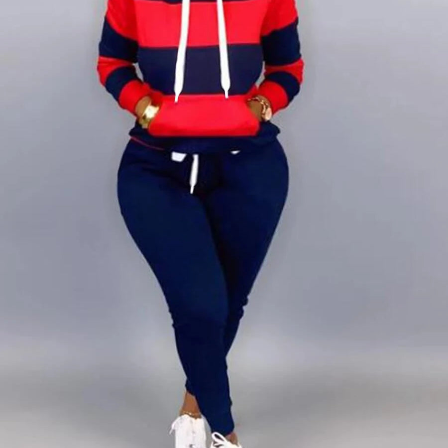 LW Plus Size Sporty Hooded Collar Striped Tracksuit Set Black White Patchwork Kangaroo Pocket Design Tracksuit Sportswear Set Red
