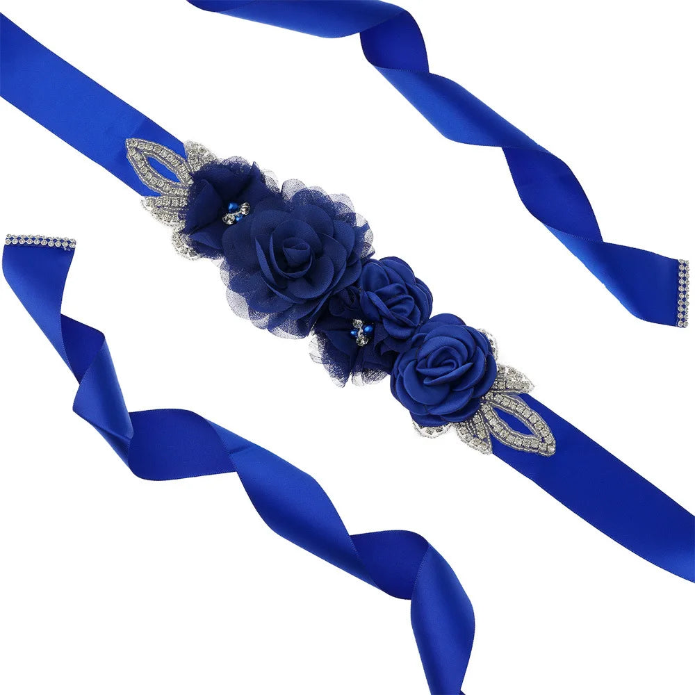 Wedding Accessories Bridal Belts Satin Flower Sash Woman Girl Belts Flower Bead Belts Floral Belt Wedding Rhinestone Flower Belt 1-Royal blue