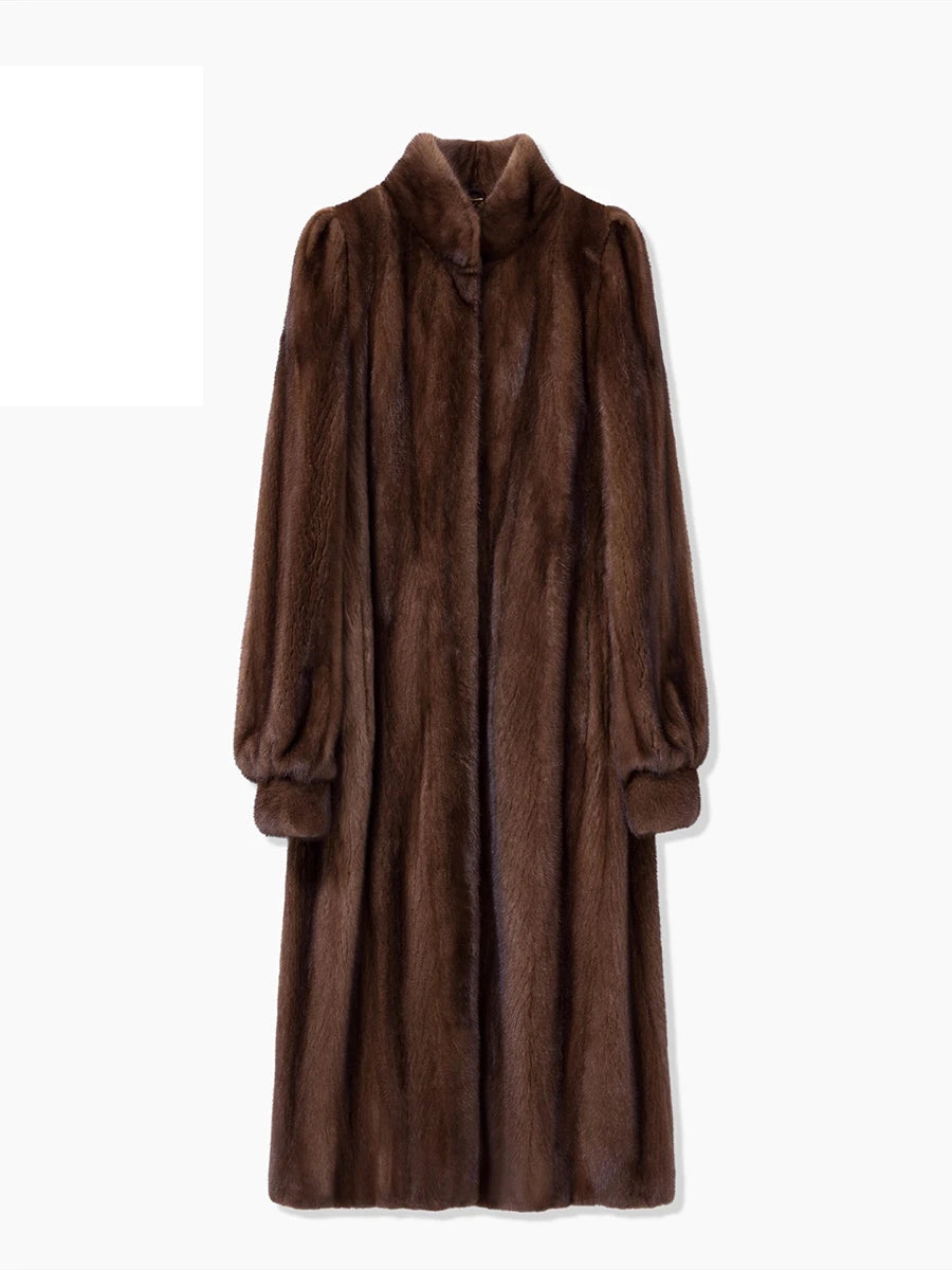 Lautaro Winter Long Luxury Elegant Stylish Thick Warm Fluffy Soft Brown Faux Mink Fur Coat Women Puff Sleeve Stand Collar 2025 Brown
