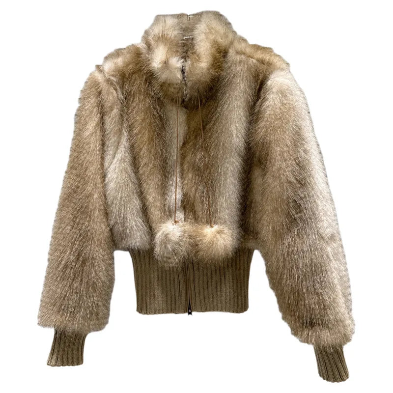 Winter New Fashion Gradient Wool Thread Waist-Cinching Faux Fur Short Coat For Women Stand Collar Jacket 11A07649