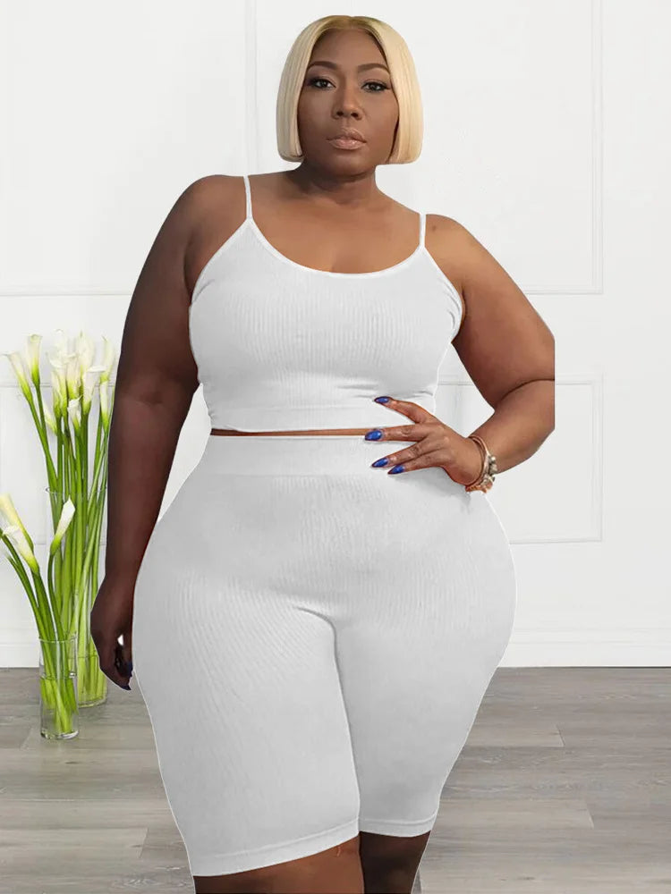 Wmstar Plus Size Shorts Sets Vest Crop Top and Pants Matching Set Casual Cycle Bike Outfits Two Piece Set Wholesale Dropshipping WHITE