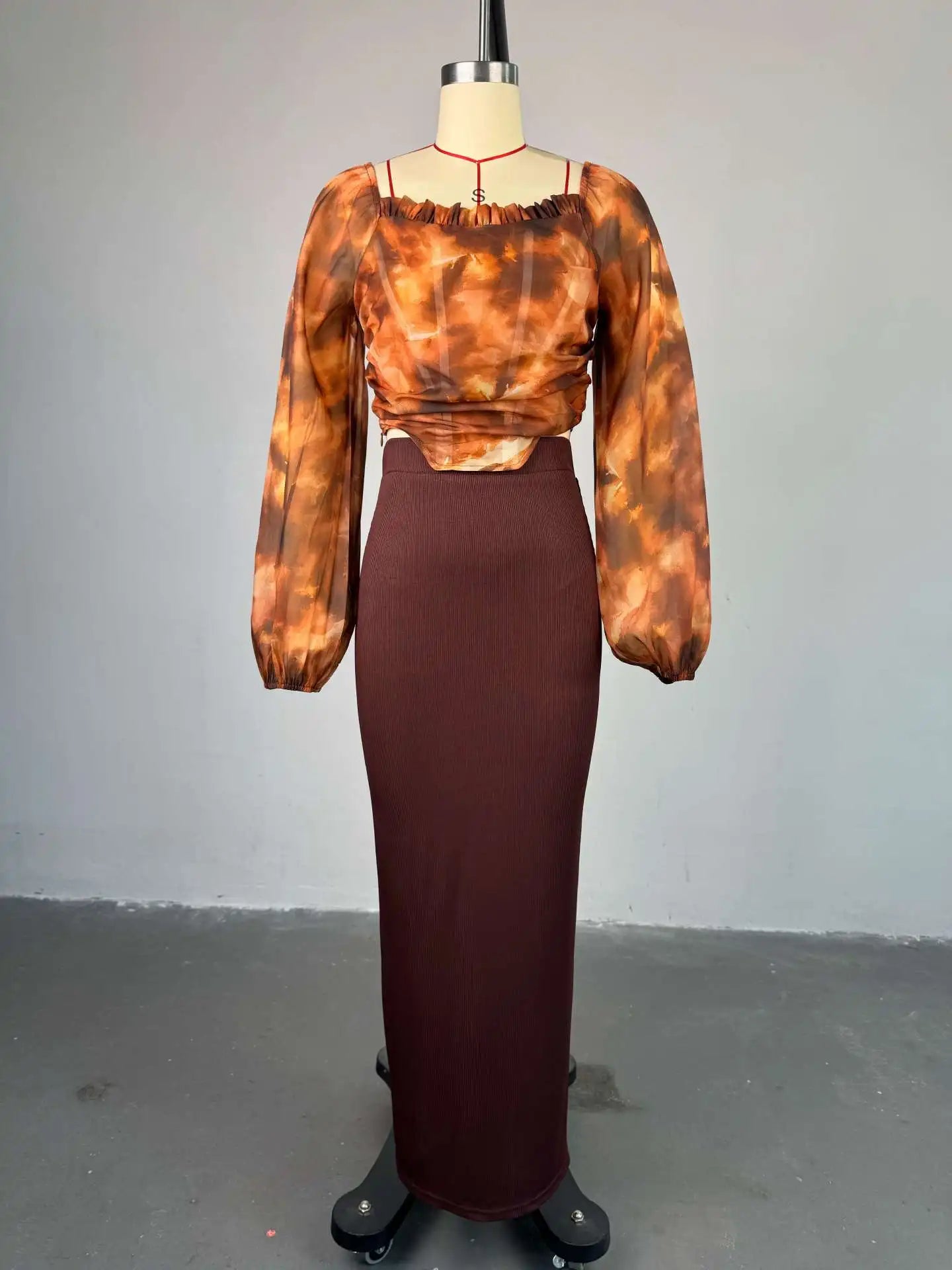 Fashion Elegant Mesh Printed Women Set Street Tops + High Waist Long Skirts Suits Party Birthday Two 2 Piece Sets Dress