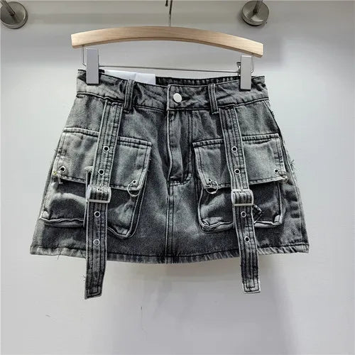 Retro Pink Large Pocket Denim Suit Spring Summer Sleeveless Short Vest High Waist Hip Wrapped Skirt 2 Pieces Sets Women Outfits Black skirt