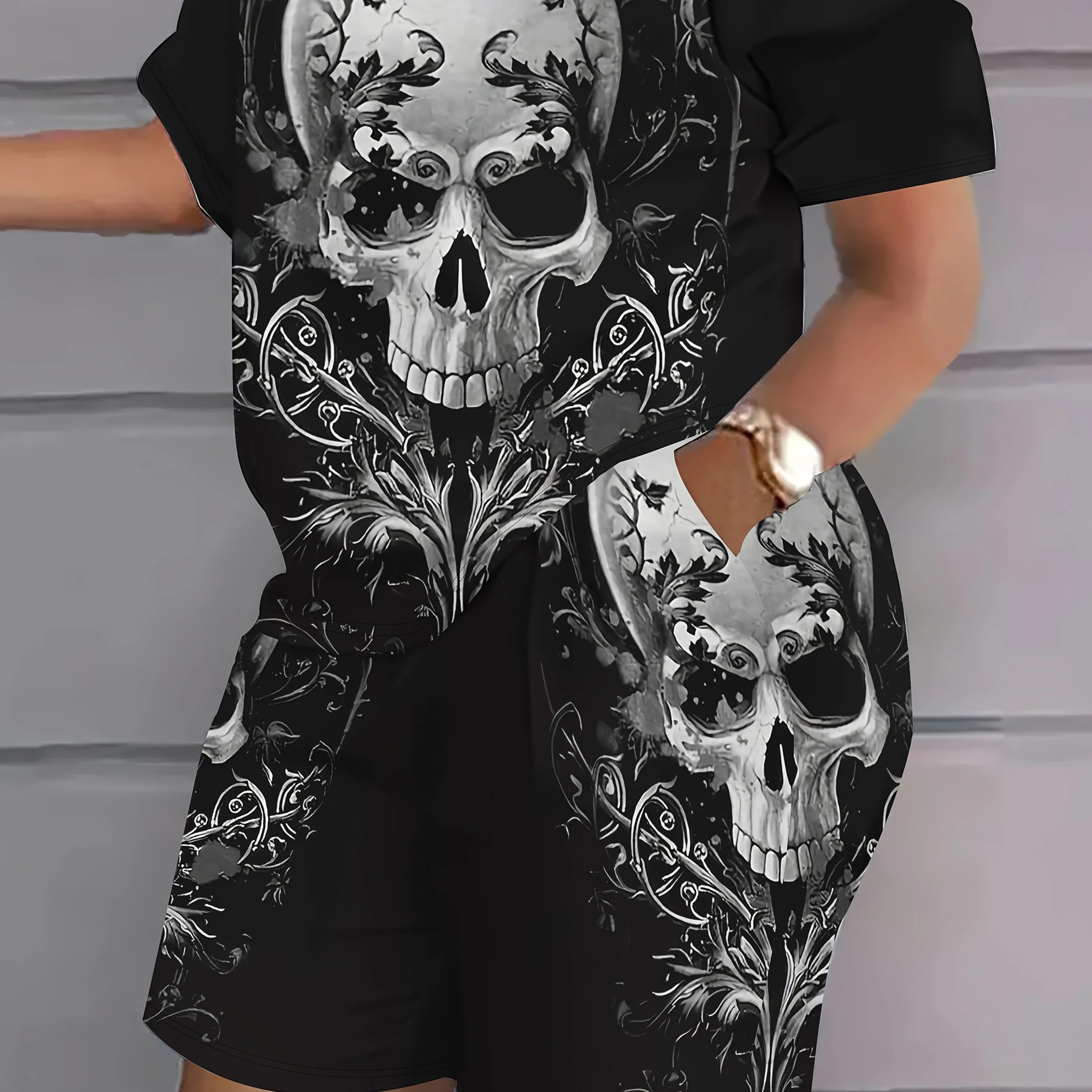 2025 Fashion Summer Women's Clothing Plus Size Ladies Loose and Comfortable 3D Skull Short Sleeve Round Neck T-Shirt Shorts Set TZ28773