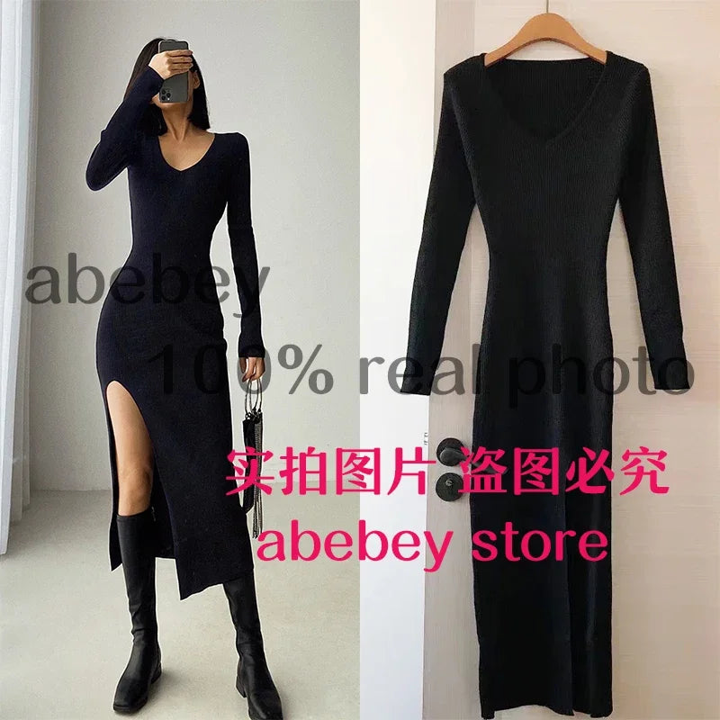 spring and winter sexy French slit sweater dress female slim tight-fitting hip-knit over-the-knee dresses black dress