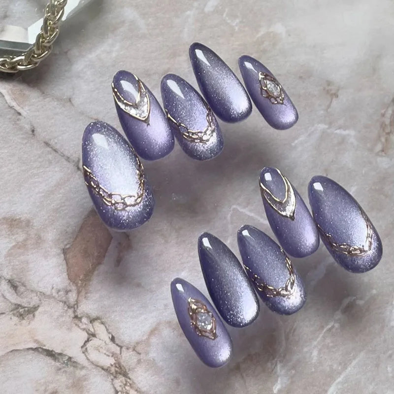 24Pcs Glitter Blue French False Nails Press on Short Round Head Fake Nail with Moon Star Design Artifical Almond Manicure Tips W1780
