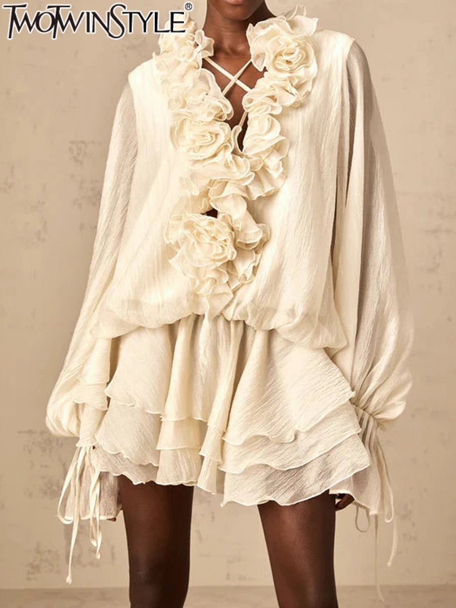 Solid Loose Spliced 3D Flowers Dresses for Women V Neck Long Sleeves Patchwork Ruffles Fold Dress Female Clothing