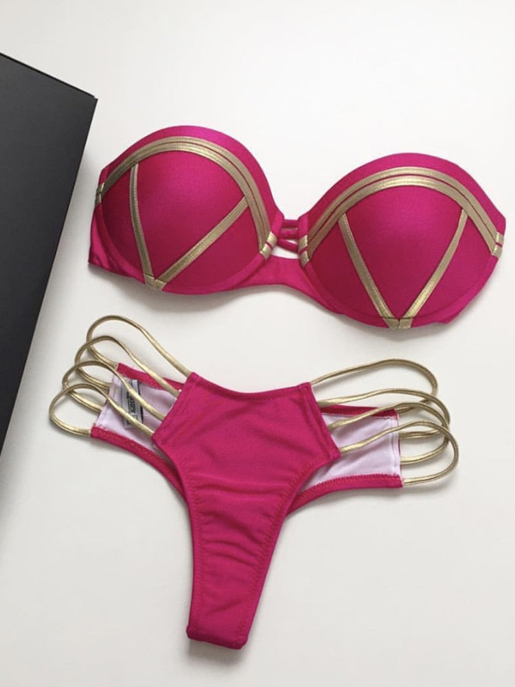 Push Up Swimwear Women Micro Bikinis Plus Size Rose red