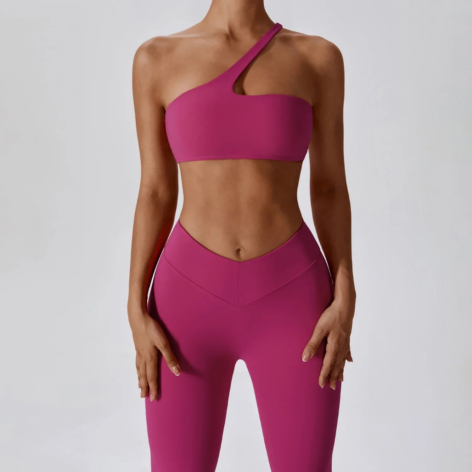2 Piece Yoga Suit Women's Gym Fitness Push-up Clothes High Waist Leggings One Shoulder Sports Bra Workout Set Fitness Sportswear Rose red