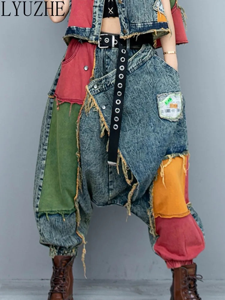 LYUZHE Individuality Fashion Patchwork Denim Jeans Women Spring Autumn New Color Contrast Vintage Loose Pant ZXF986A