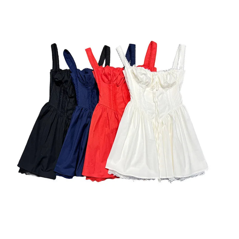 Europe And The United States Sexy One-Line Collar Suspender Pleated Skirt Waist