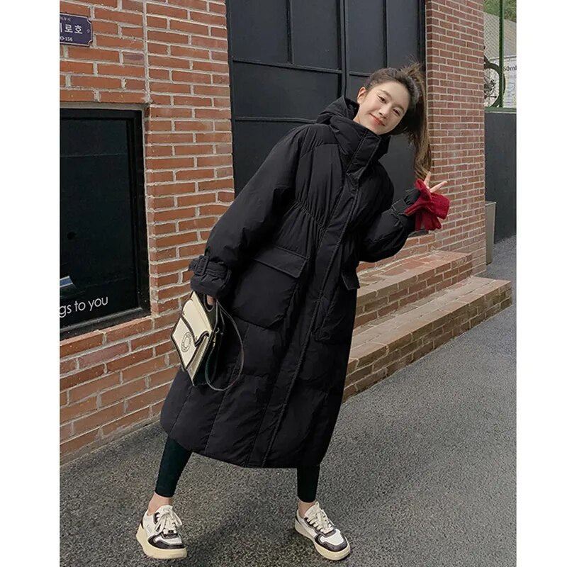 Women's Green Down Jacket Hooded Long Cotton Clothes Winter New Korean Fashion Loose Oversized Warm Thicken Windproof Coat Tops Black