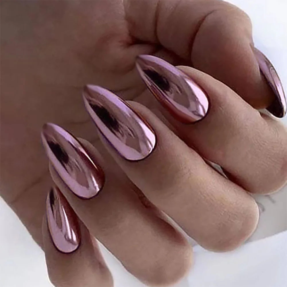 24pc/set Medium almond fake nails metallic mirror red black purple blue golden tips faux ongles y2k press on acylic false nail 1040