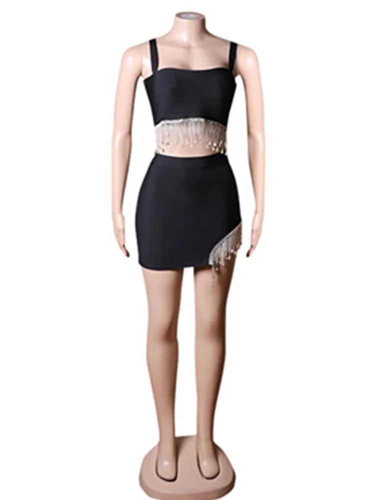 New Summer Women Sexy 2 Pieces Bodycon Mini Dress Diamond Chain Sexy Bar Dancer Club Night Dress Hot Sale