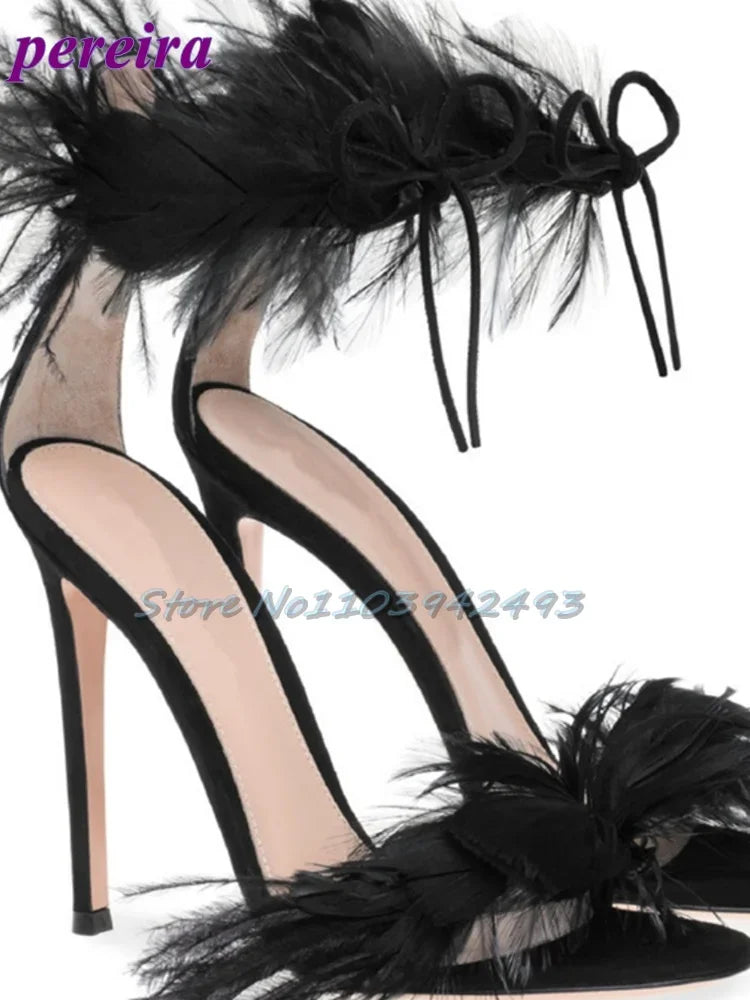 Summer White Sandals Lace Up Shallow Open Toe Banquet Strappy Solid Color Hollow Stiletto High Heel Cover Heel New Arrival Shoes