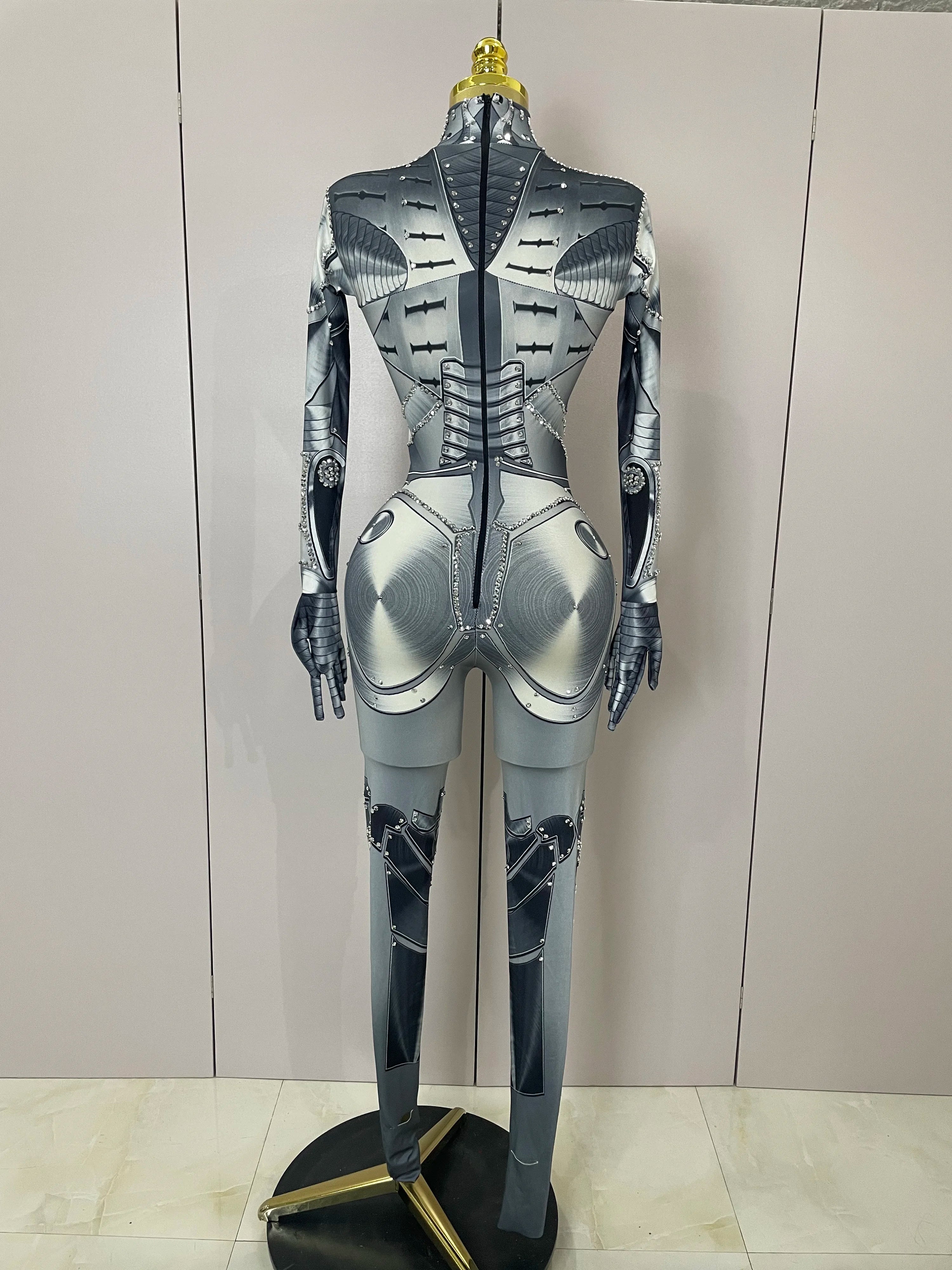 2025 New Trendy Women Sexy Rhinestones Printed Skinny Jumpsuit High Street Performance Dance Costume Bar Club Show Stage Wear