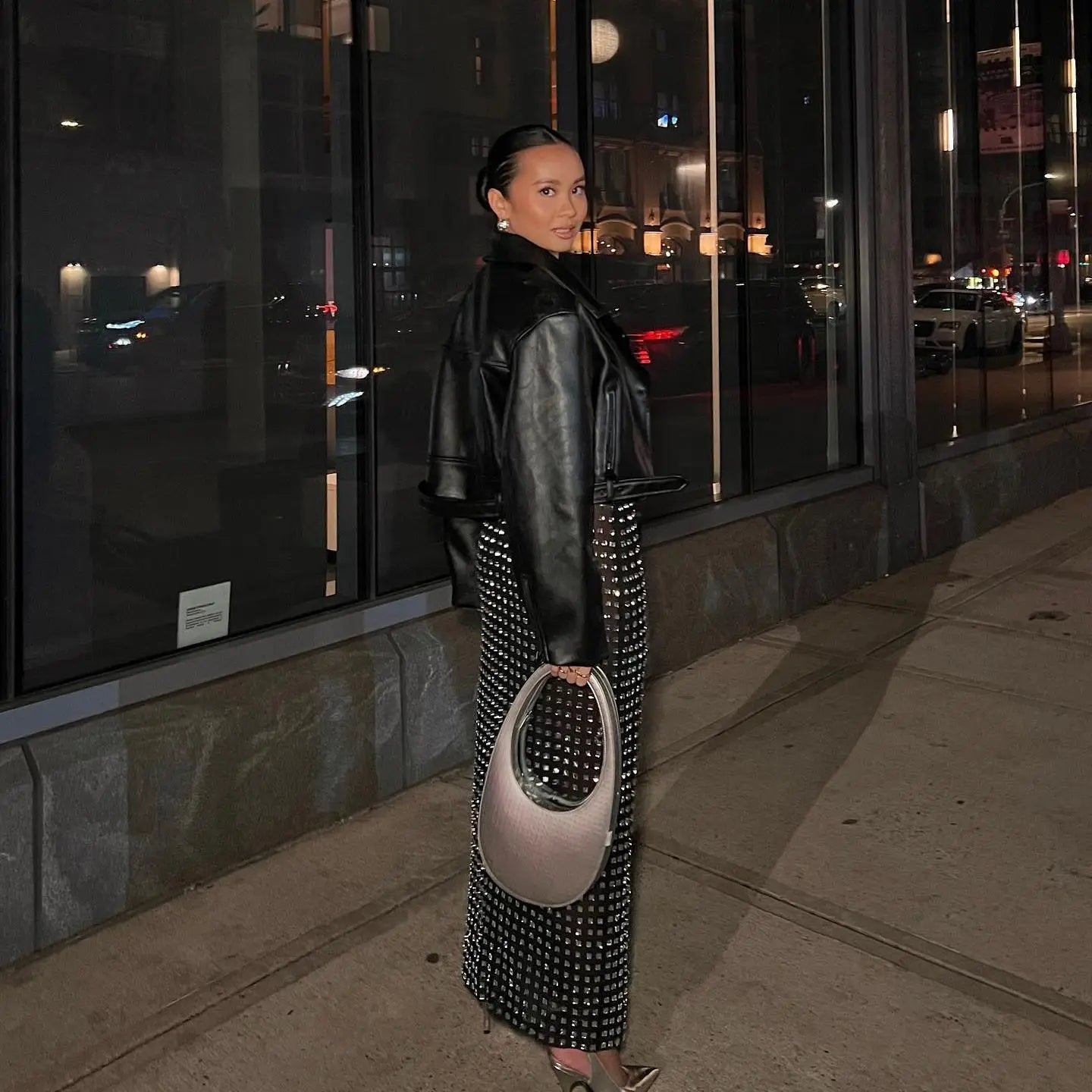 Shining Square Diamonds Sexy Mesh See Through Black Long Skirt Fashion Woman High Street Wear Evening Party Outfit