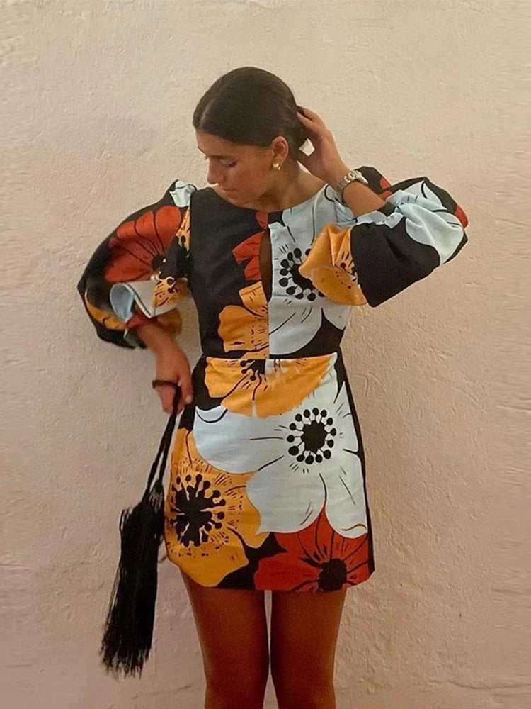 Elegant Backless Floral Mini Dress Summer Women Long Lantern Sleeve Beach Dresses Female Chic O-Neck Hollow Party Vestidos