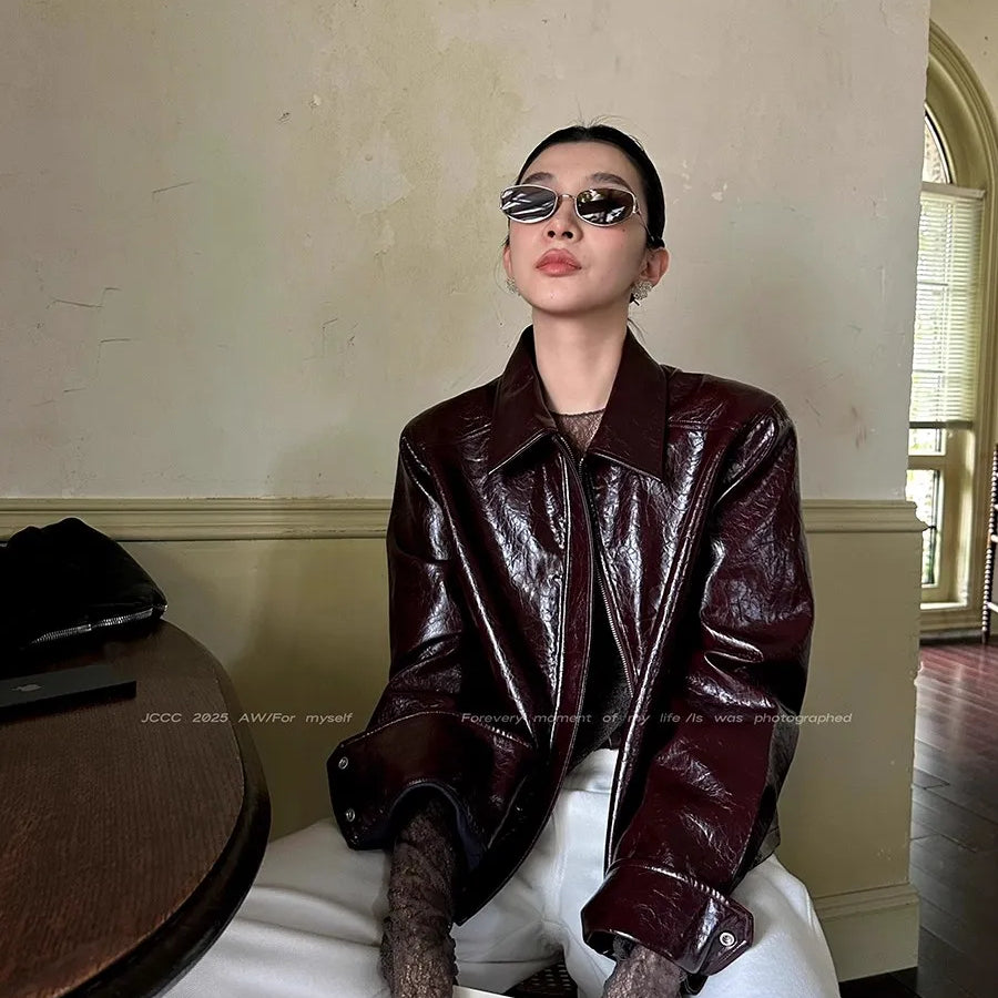 Lautaro Spring Autumn Short Pu Leather Jacket Women Zippper Turn-Down Collar High Quality Luxury Designer American Retro Clothes Red Coffee